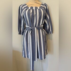 GAP 100% Cotton Blue Stripe Mini Pullover Dress Balloon Sleeves Belted XS Petite